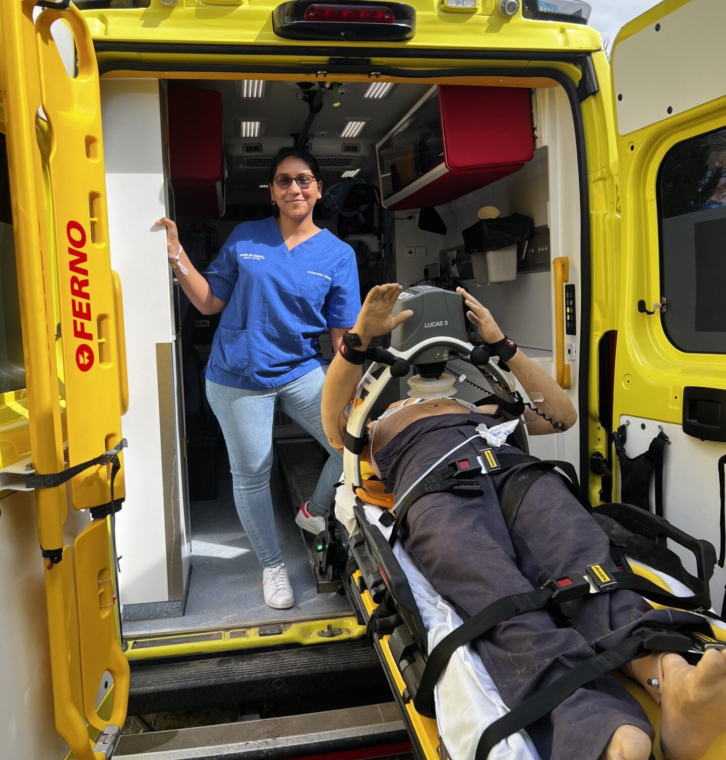Gwen on the ambulance during training