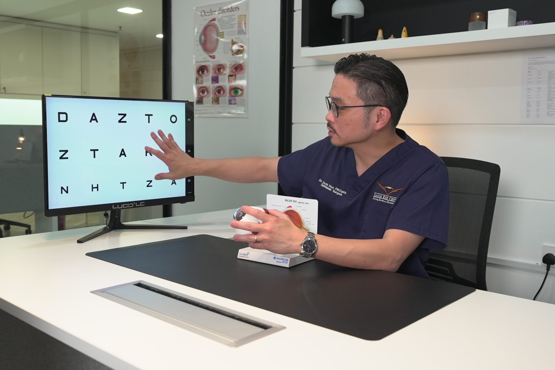 Dr. David pointing to the letters on a Snellen eye chart displayed on a screen. 
